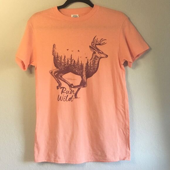 “Run Wild” deer trees birds short sleeved tshirt hippie boho nature forest woods - Picture 1 of 3